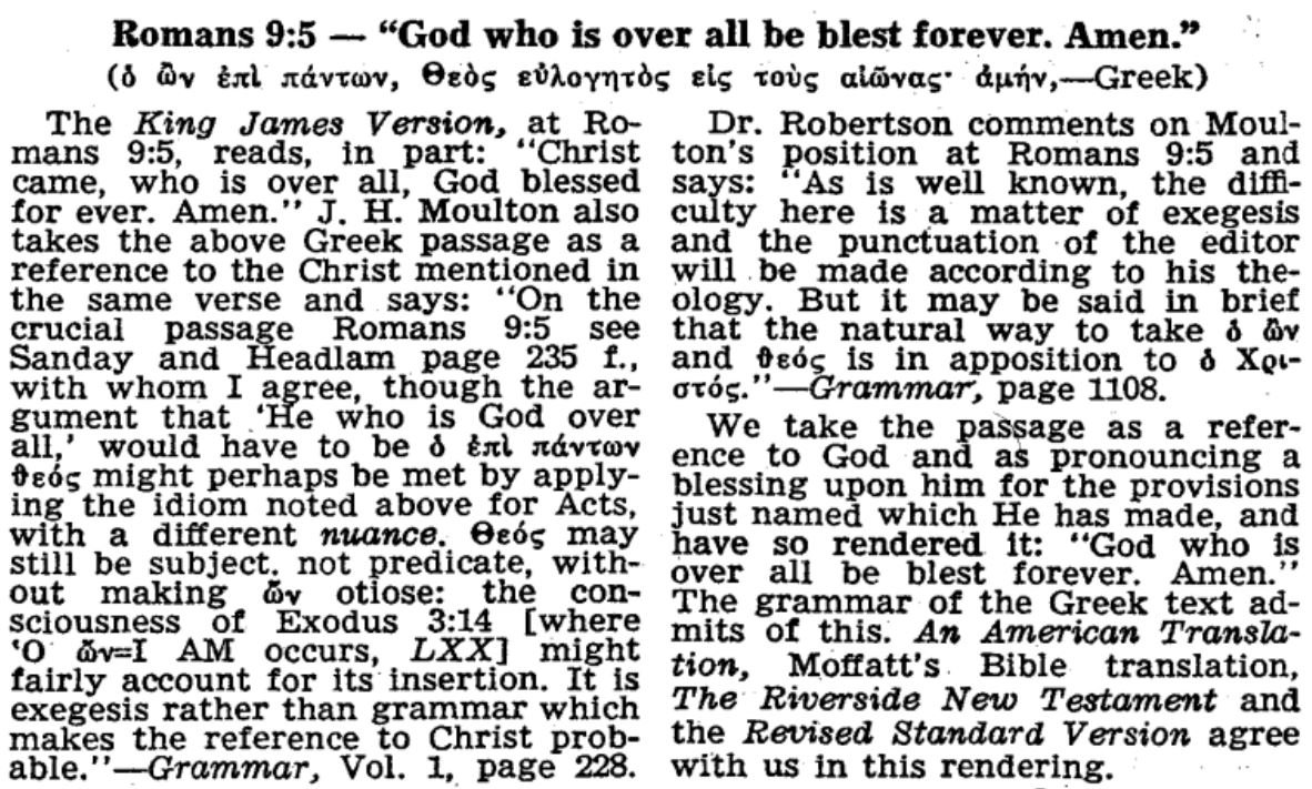 1969 NWT Interlinear Bible footnote for Romans 9:5